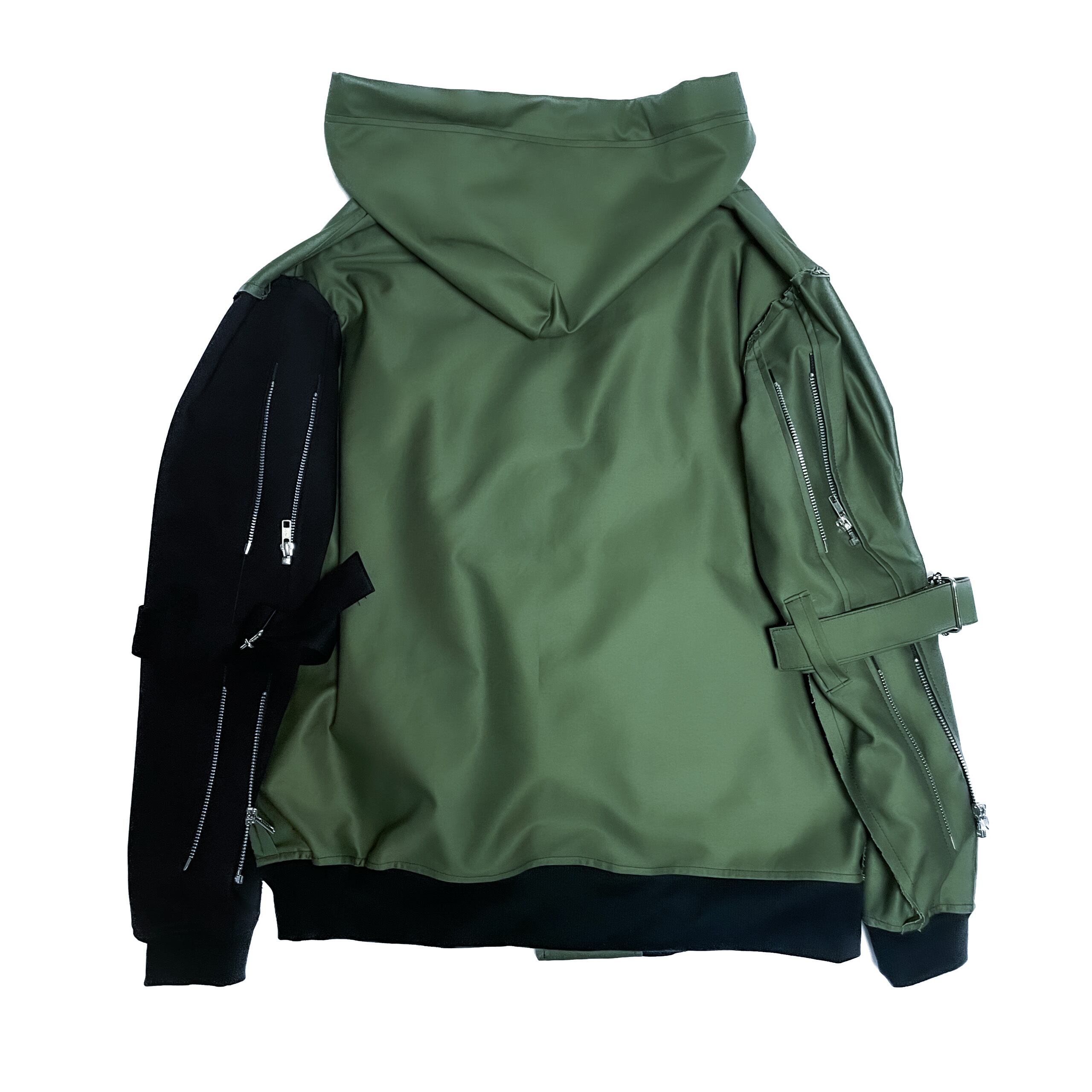 UNFINISHEDボンテージライダースパーカー カーキ×ブラック