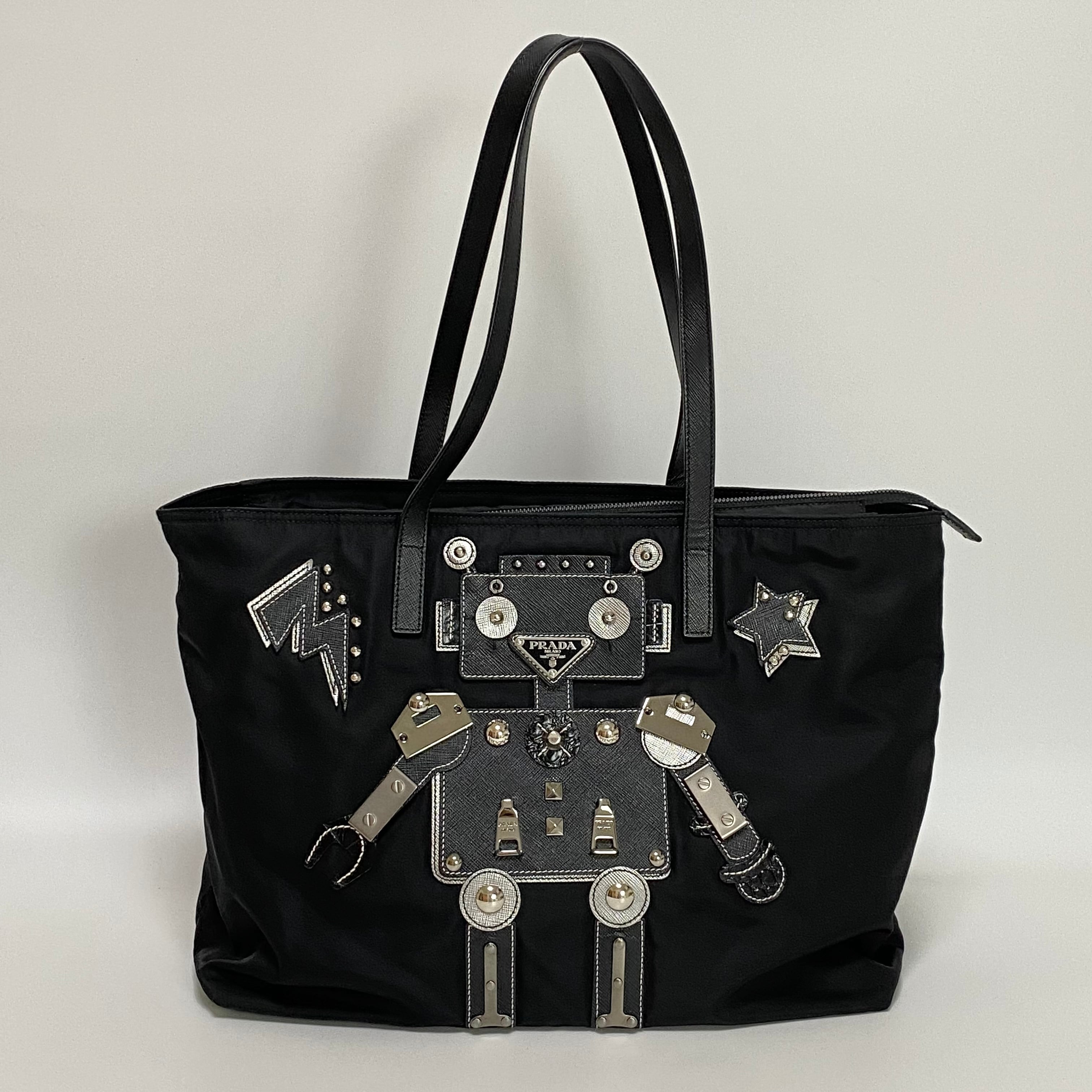 【美品】PRADA TESSUTO レザー ナイロン トートバッグ　黒　スタッズ