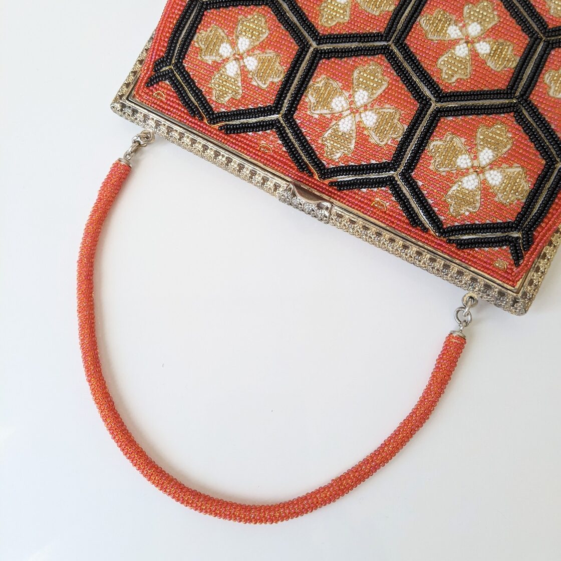 Vintage】ビーズ刺繍バッグ Vintage Beaded Bag 花亀甲柄 オレンジ×黒 