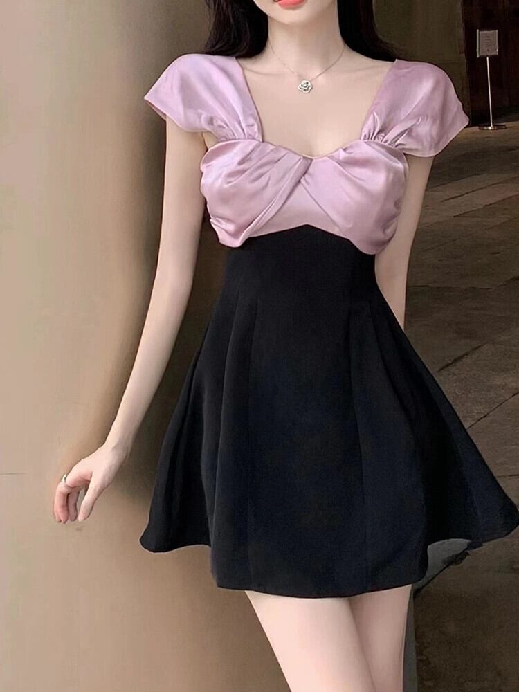 エドコントラストカラースプライシングドレス女性の夏の気質セクシーな美しいバックショートスカートフレンチスリムウエストAラインスカート サマー 夏物 ガールズファッション42290416391