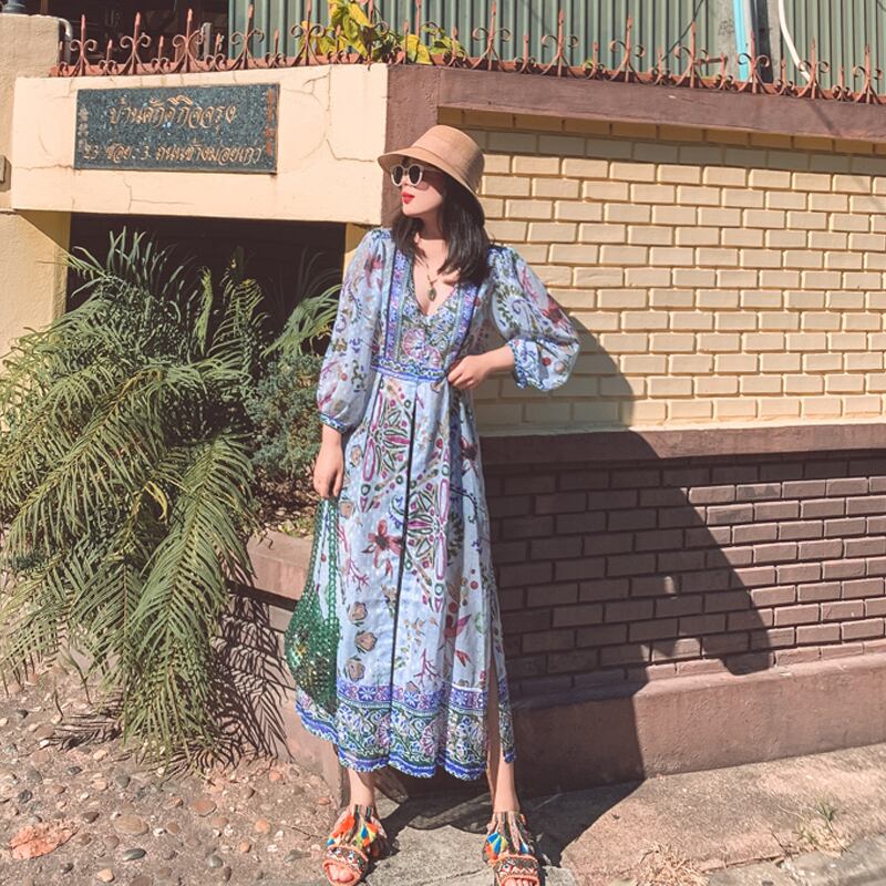 サマースカート ボヘミアンスタンダードロングエスニックプリント柄ドレス レトロ 夏物 ビーチ 延命家ファッション3529318