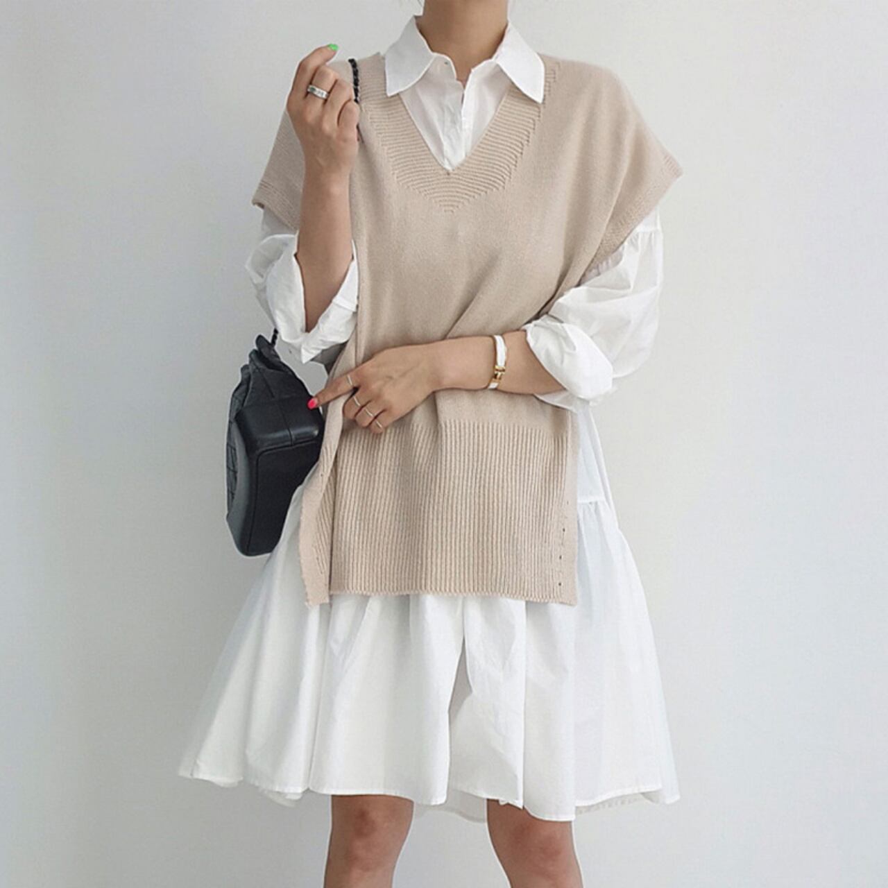 ニットベスト シャツワンピース-ホワイトxベージュ