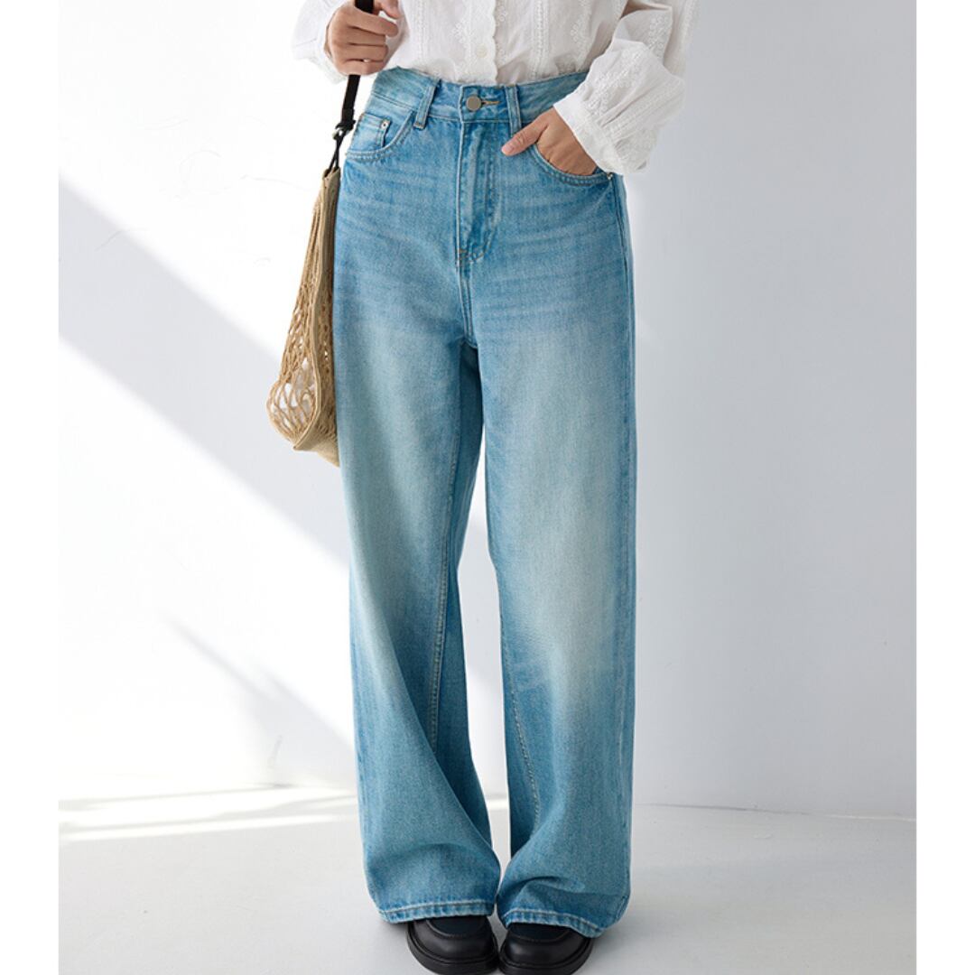 drawstring straight denim wide leg pants