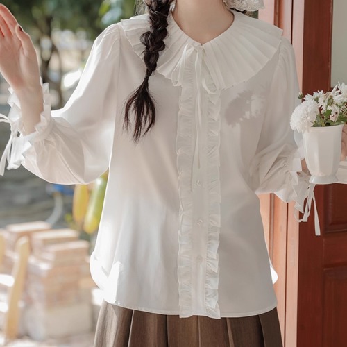 タックカラーリボン袖ブラウス ・8348