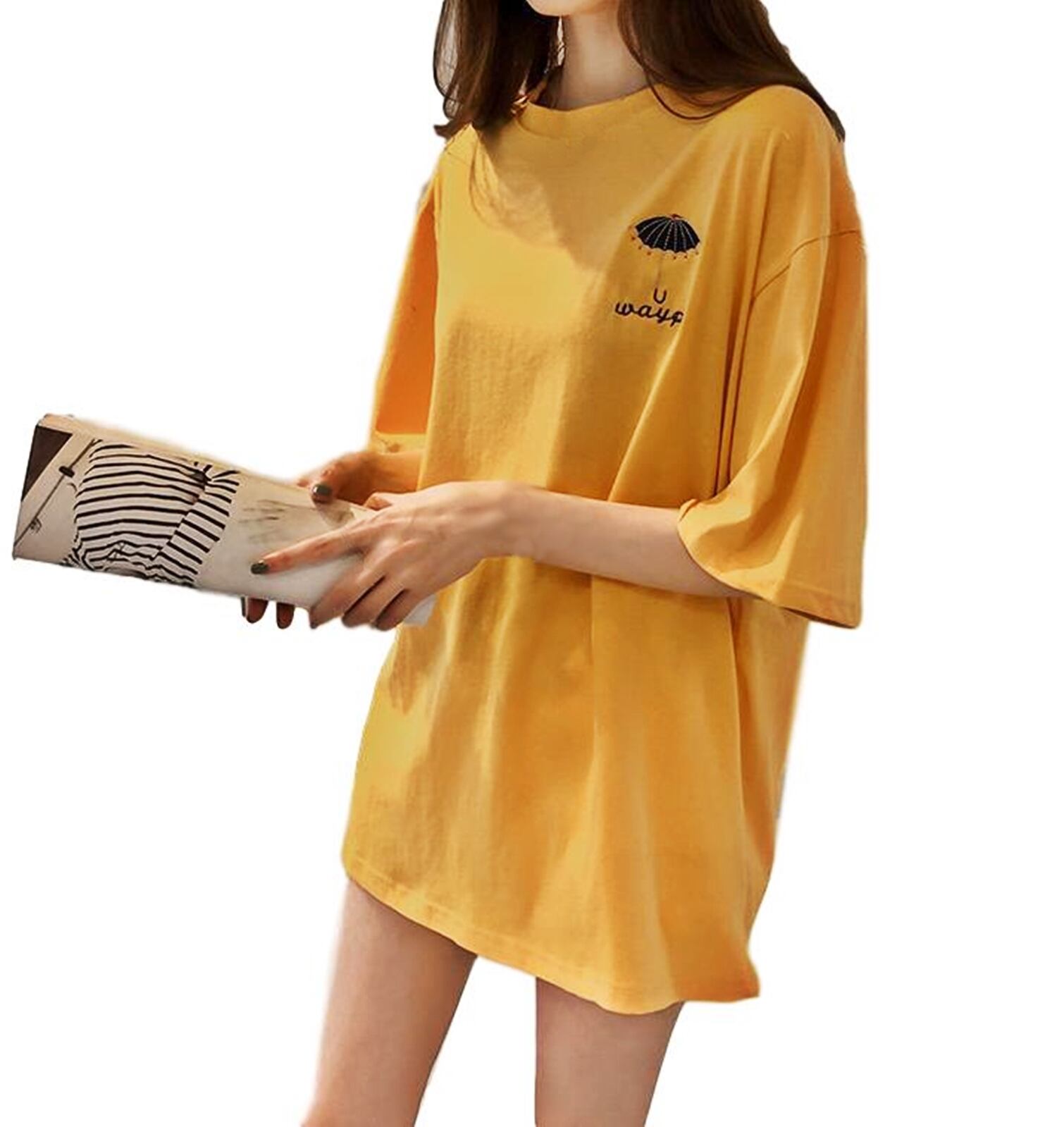 ビッグTシャツ Uネック ゆったり カットソー (イエロー)