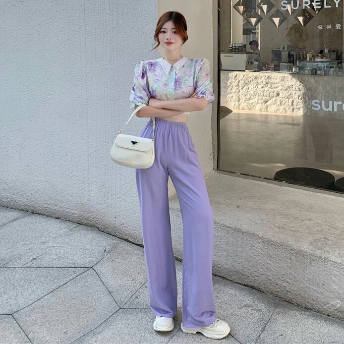 サマースタイルスリーブショートシャツ ハイウェストウェストワイドレッグパンツ 夏物 ワイドパンツ ハンチェンe30360975863