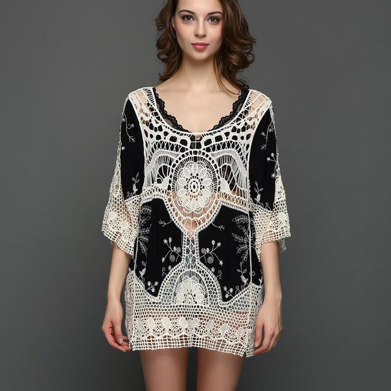 ホワイト×ブラック 七分袖 レースアップ チュニック