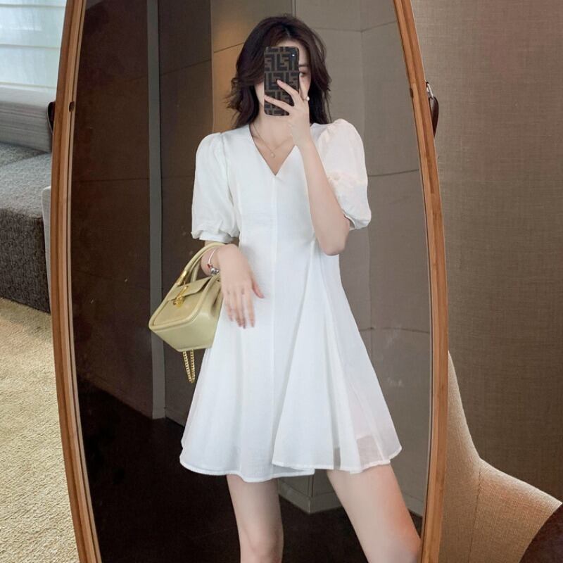 スリーブドレス サマーVネックウェスト薄手Aラインスカート 夏物 ハンチェンe71847233175