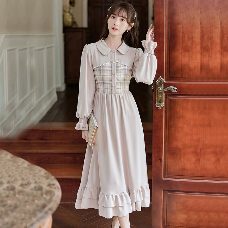 辰是chenisシリーズ ワンピース レディース 秋服 通勤 デート チェック柄 切り替え 可愛い S M L Xl Elegant