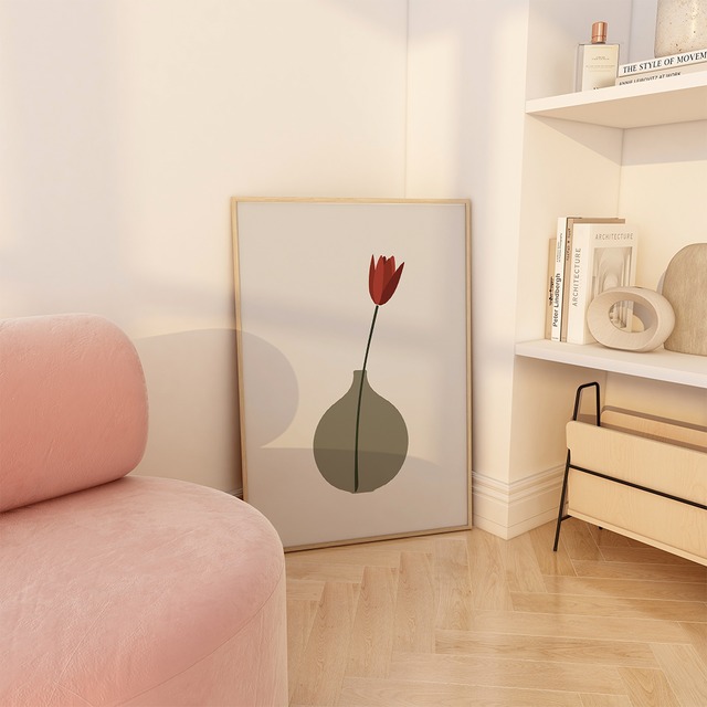 花瓶と花のポスター　/ i1426 / ベージュ調の抽象画　花や葉　韓国インテリア　アートポスター