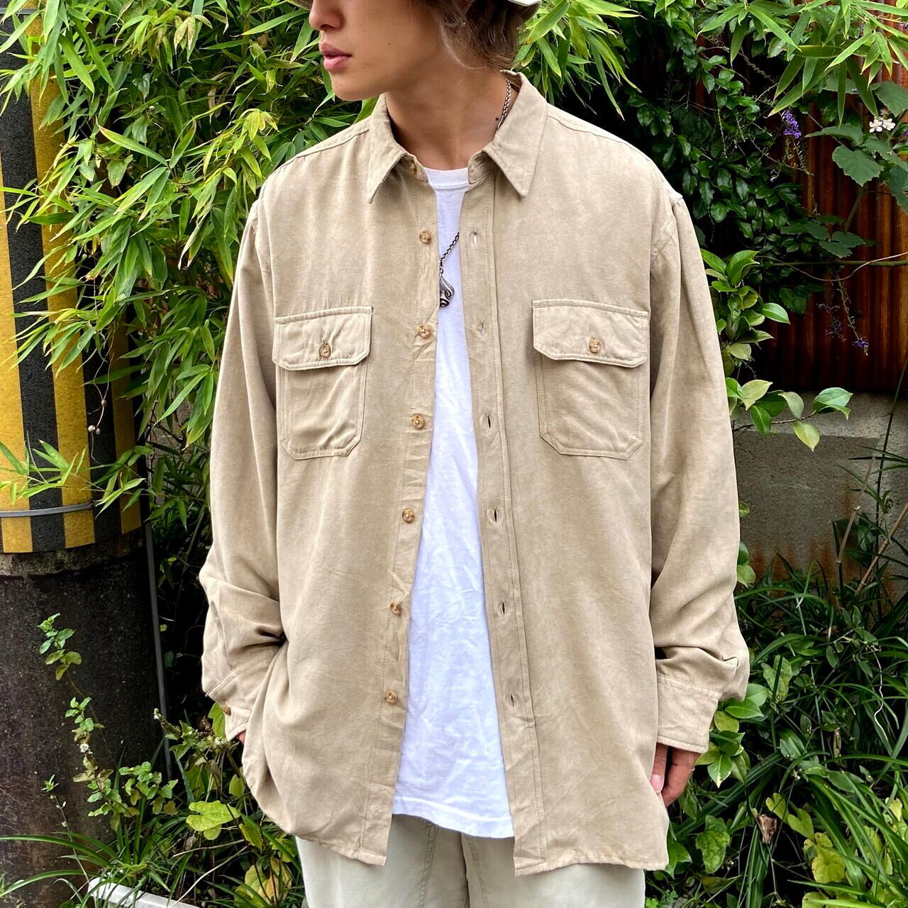 BASIC EDITIONS 長袖 フェイクスエードシャツ メンズL 古着 ベージュ