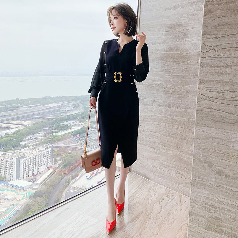 Vネックカラーボタンハイウェストウェストドレス スプリングサマー 春物 夏物 ステッチ MIUCO4662872627