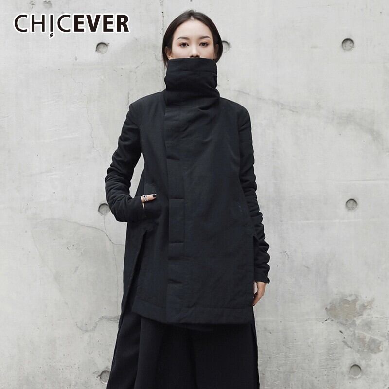 CHICEVERウィンターウィメンズパークコートジャケットタートルネック長袖非対称裾ブラックジャケットタイド ロング 冬物 6base547743938010