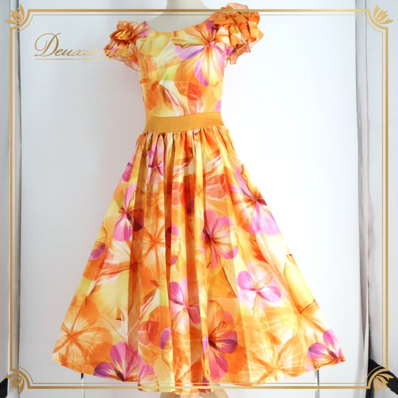 フラダンス 衣装 ALOHA STANDARDS アロハスタンダード ワンピース ドレス オレンジ系 花柄 フリル カラフル かわいい 華やか 鮮やか 明るい 橙 黄 紫 ハワイアン アロハ ハワイアンプリント レッスン 練習 イエロー系 ピンク系 パープル系