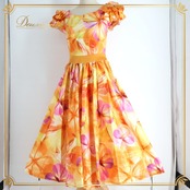 フラダンス 衣装 ALOHA STANDARDS アロハスタンダード ワンピース ドレス オレンジ系 花柄 フリル カラフル かわいい 華やか 鮮やか 明るい 橙 黄 紫 ハワイアン アロハ ハワイアンプリント レッスン 練習 イエロー系 ピンク系 パープル系