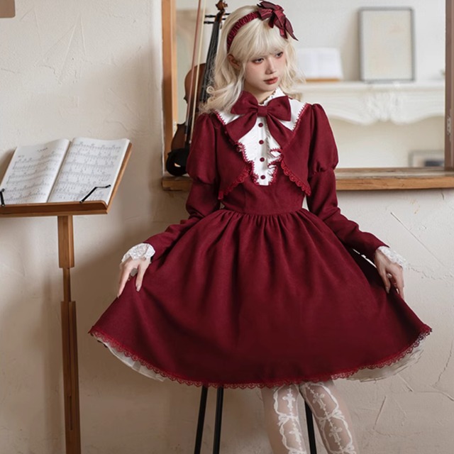 K*I様 ozz☆ozz on☆赤フリルワンピース☆ロリータ☆ゴスロリ ゴスロリ フェイクツーピース ワンピース ネックリボン付属 ゴシック