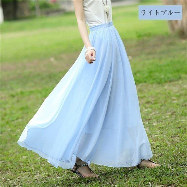 シフォンスカートマキシスカートフレアスカート シフォンマキシ丈スカート夏 無地ウエストゴム