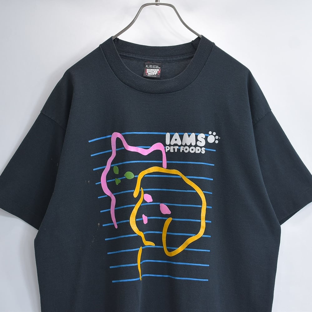 80s 90s USA製 SCREEN STARS BEST スクリーンスターズベスト IAMS PET FOODS 猫 犬 プリントTシャツ 動物 アニマル ブラック USED ヴィンテージ ビンテージ 古着 メンズ XLサイズ