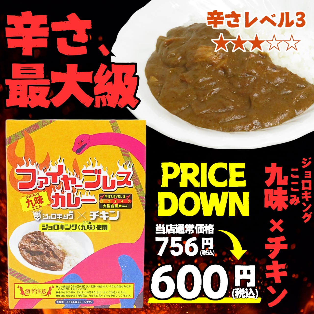【激辛注意】恐竜渓谷かつやまオリジナル ファイヤーブレスカレー ジョロキング九味×チキン 辛さレベル3(大型台風級)