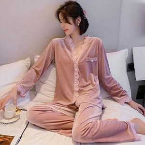 パジャマ レディース 2点セット セットアップ ルームウェア 部屋着 ベルベット 長袖 冬 あったか レース エレガント Vネック ツーピース 前開き