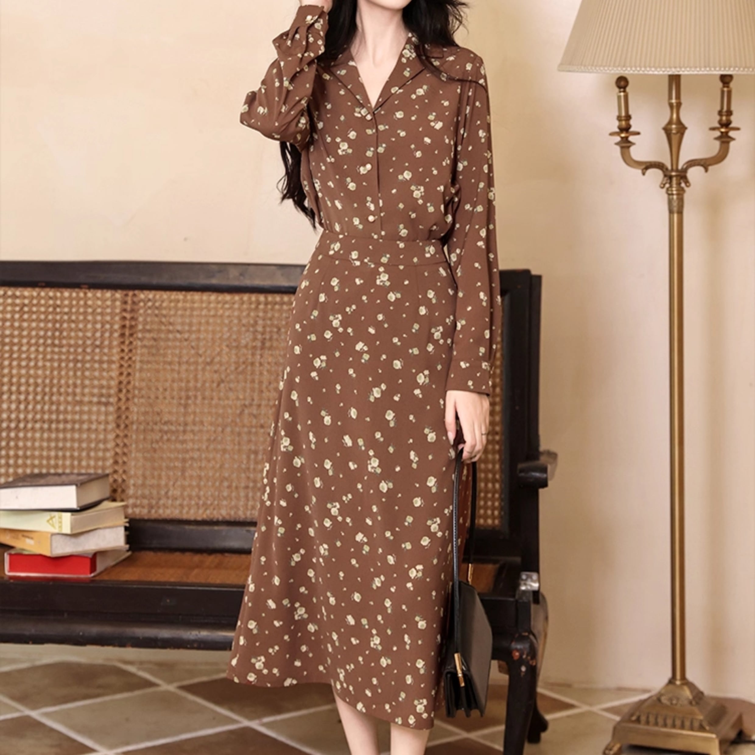 花柄 ロングスリーブシャツ&タイトスカート セットアップ 00480