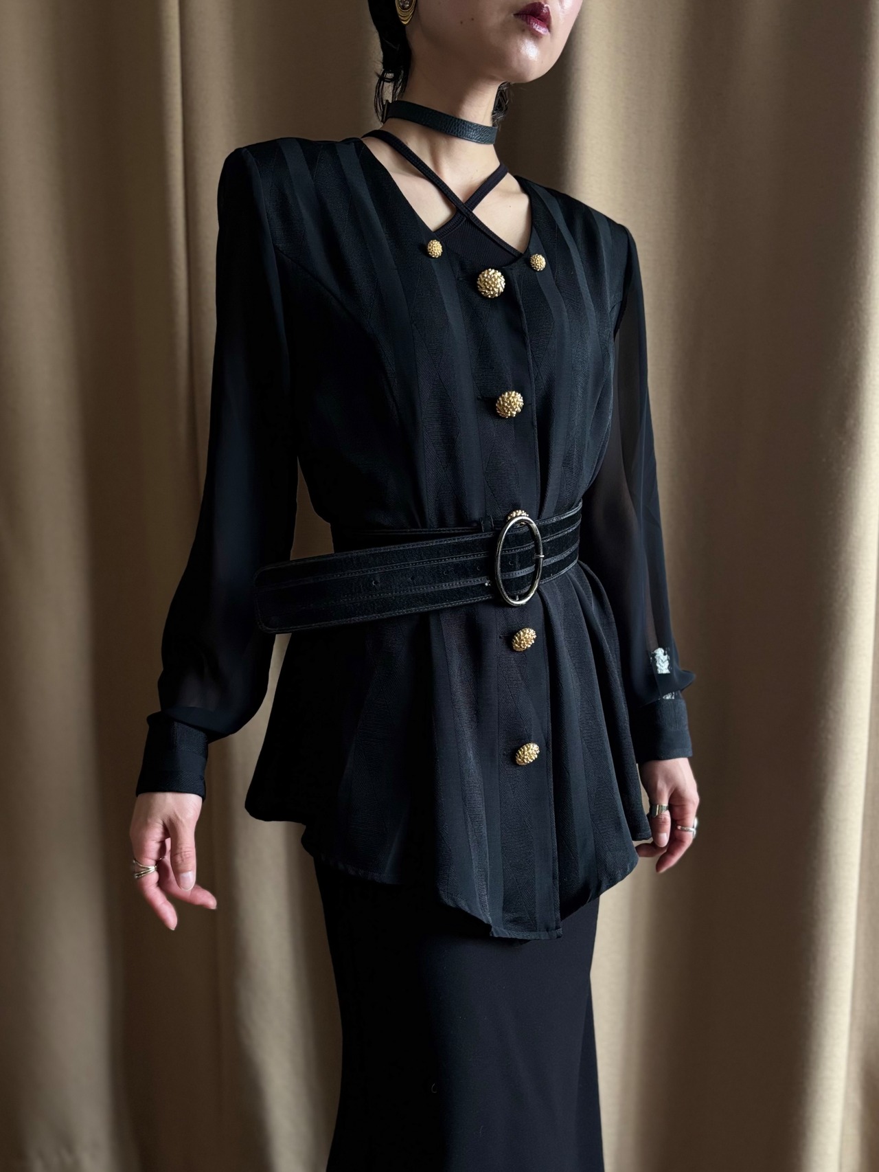 classic noir peplum sheer shirt-5205-4