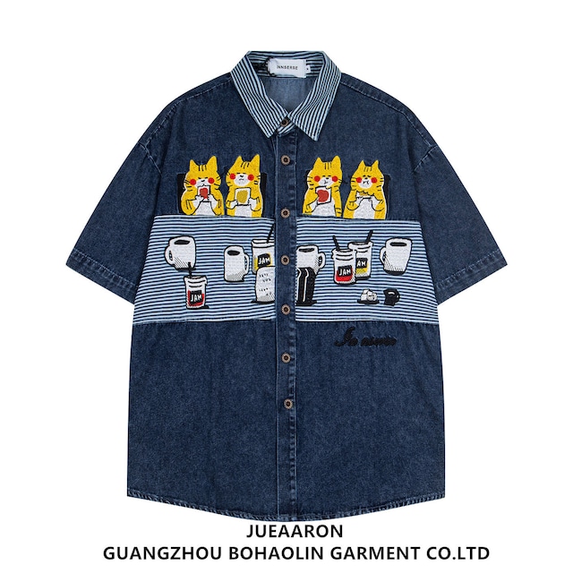 ✿にゃんともオシャレなデニムシャツ！【YIDAOシリーズ】★シャツ★ 2color トップス ユニセックス デニム カジュアル 猫 猫柄