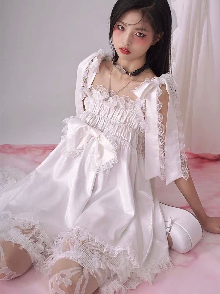 ワンピース ガーリー シンプル フリル リボン 白 フリル リボン