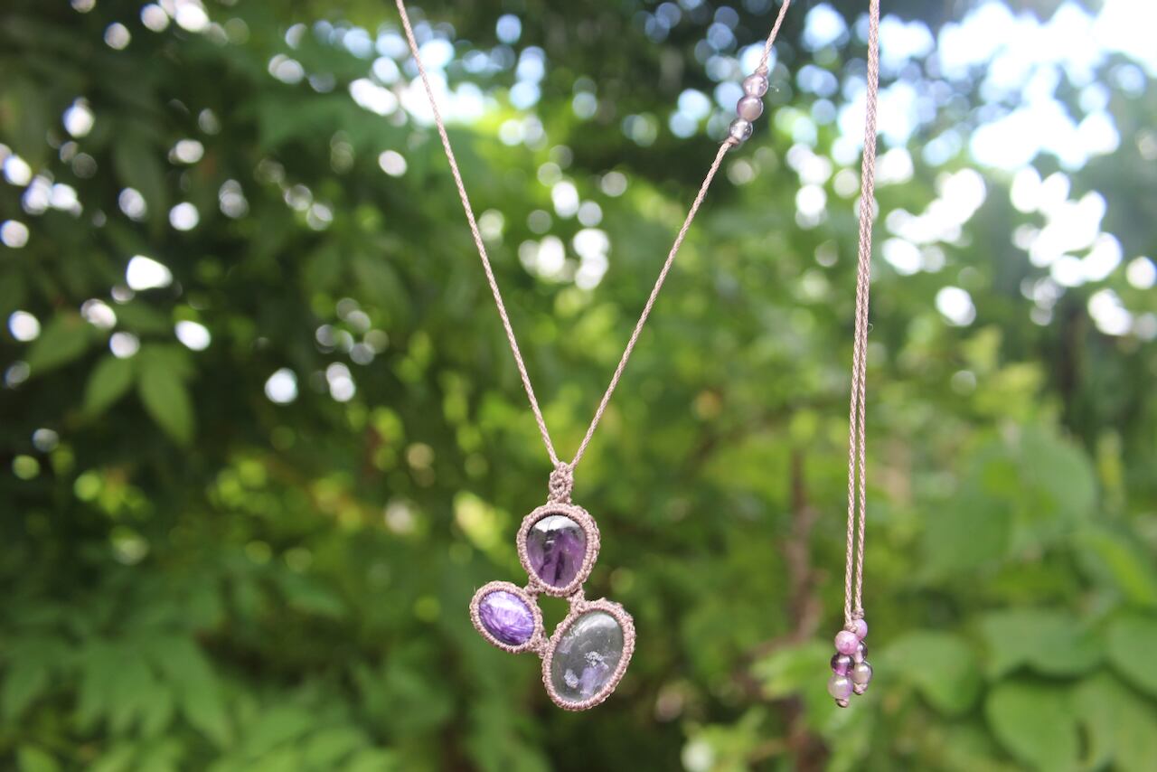 Fluorite & Charoite & Amethyst micro macrame pendant
