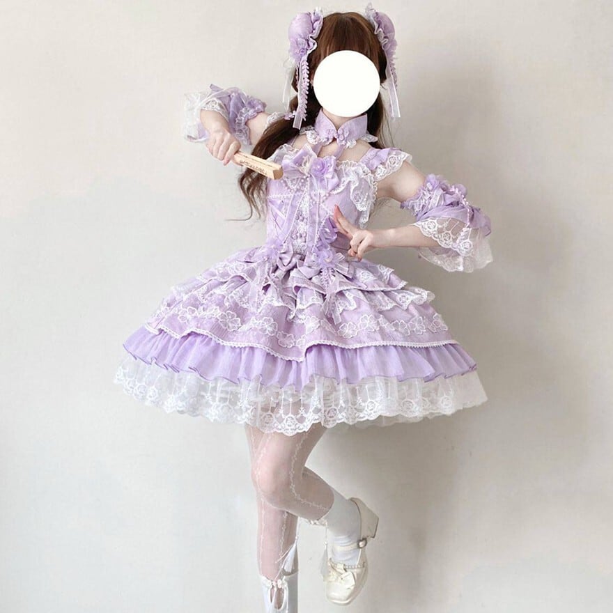 甘ロリJSK 3色展開 豪華レースフリル姫系ロリータドレス パフスリーブ