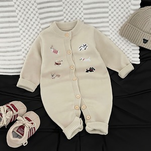【73-110】秋刺繍入り厚手レッドニットロンパース ベビーコーディネート 男の子