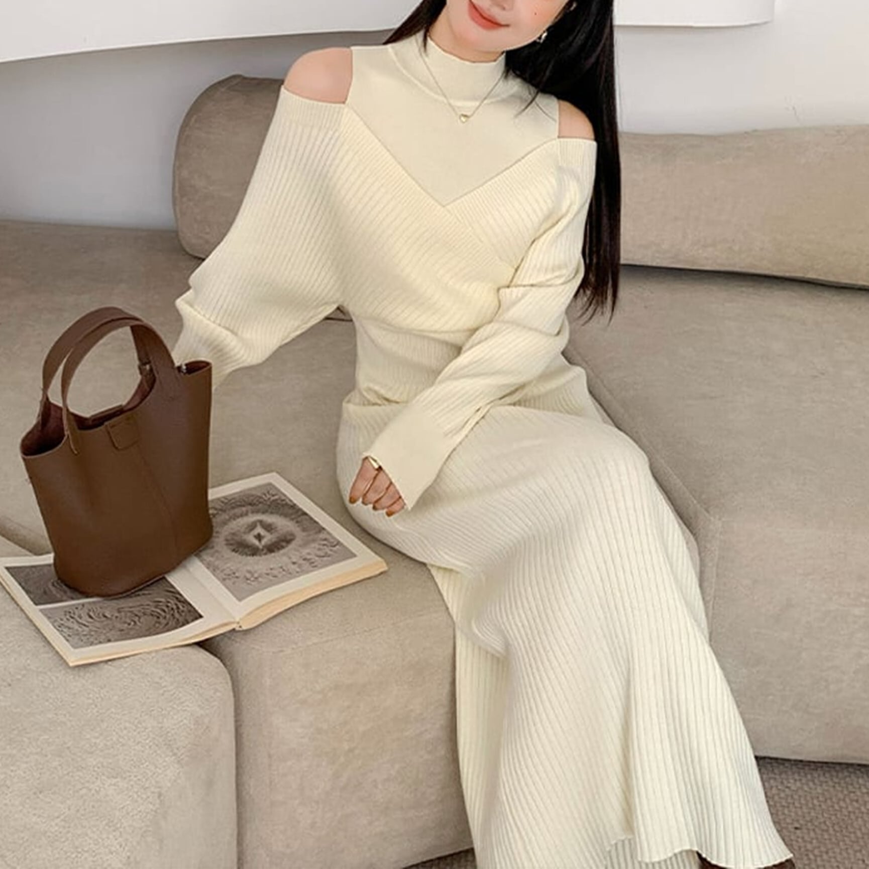 【dress】フェイクレイヤードニットワンピース Q7136