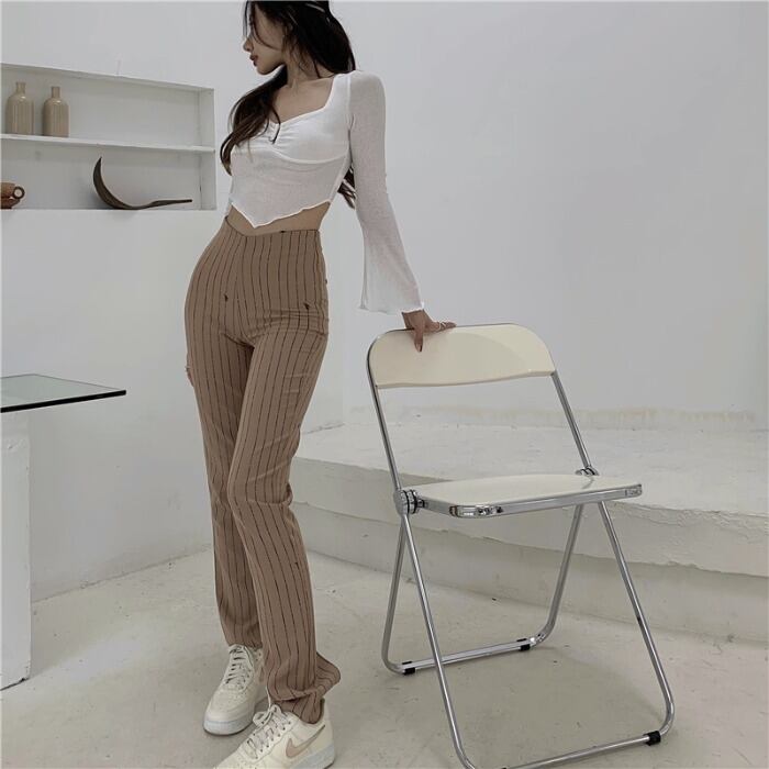 ショートスリーブトップス レディーススタイルストライプカジュアルパンツ ハイウェストウェスト レッド スクウェア ドラファッションホール61719091786