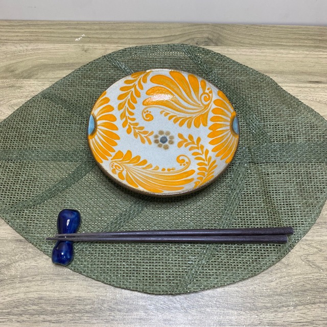 5寸皿一枚焼き　唐草模様　オレンジ