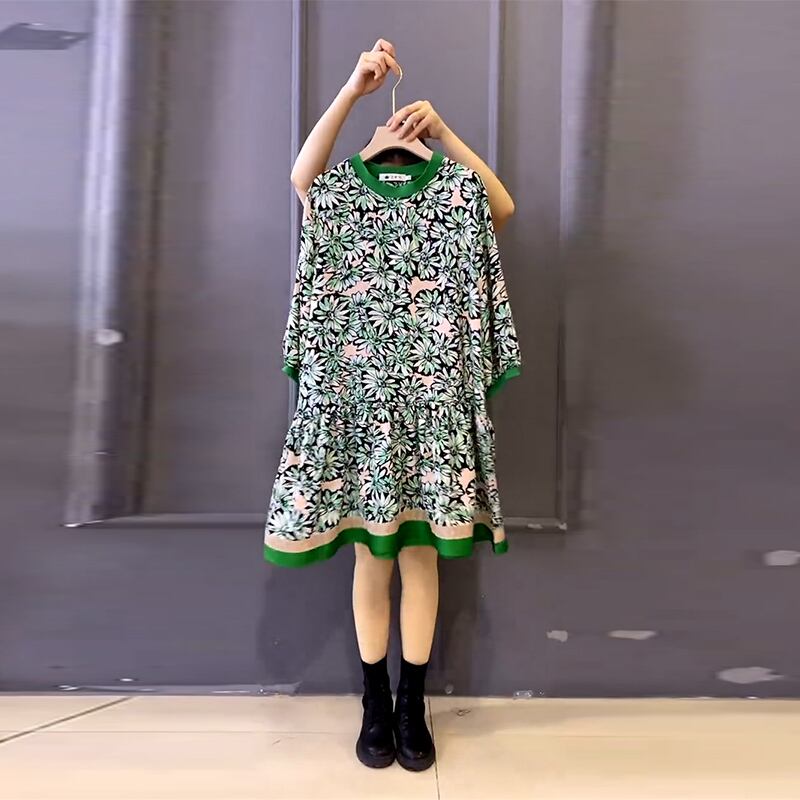 ラウンドネックパターンシフォンスリーブドレス 大きめサイズ Oネック ミックスインファッション77879976706