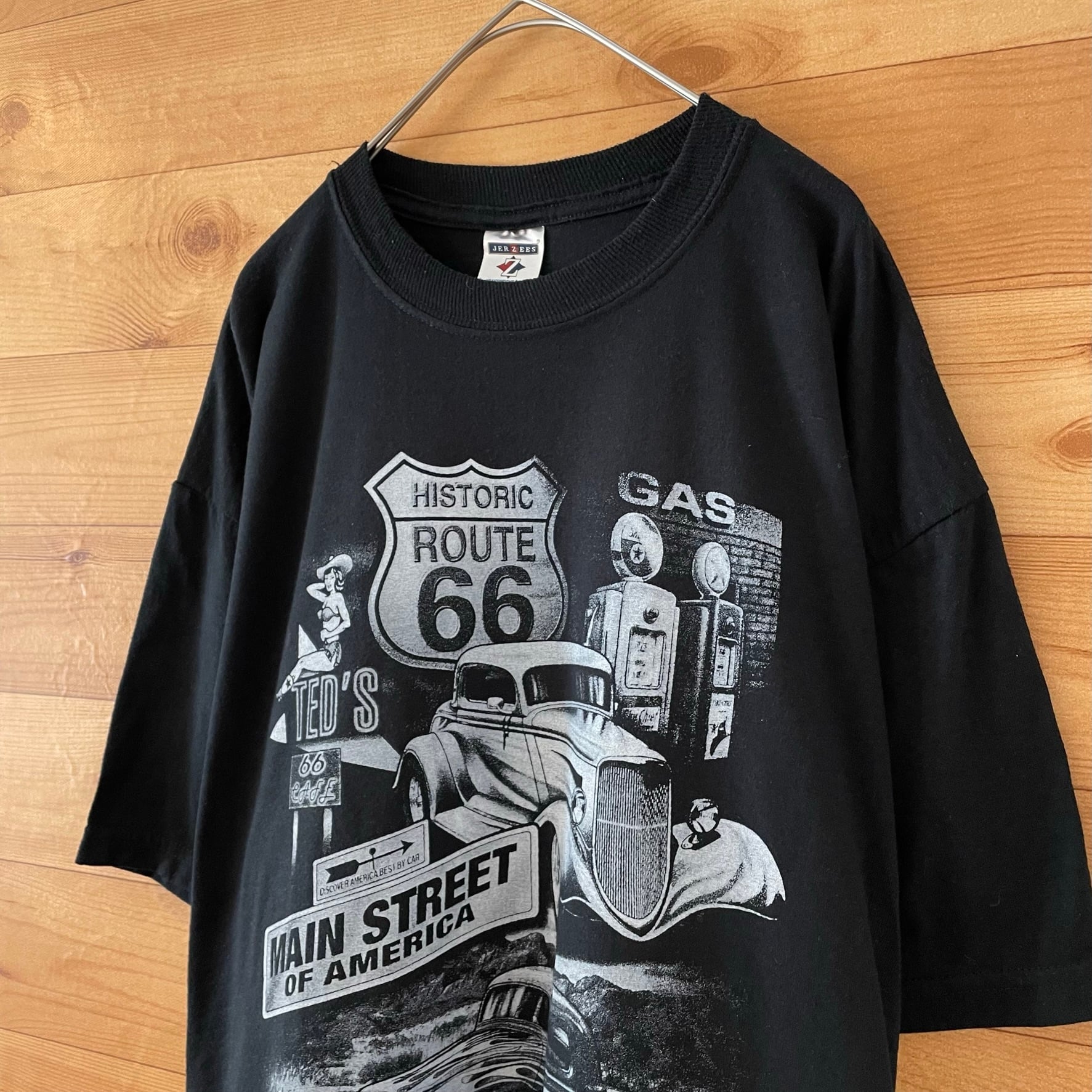 JERZEES】クラシックカー ROUTE66 ロゴ 両面プリント Tシャツ L US古着