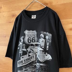 【JERZEES】クラシックカー ROUTE66 ロゴ 両面プリント Tシャツ L US古着