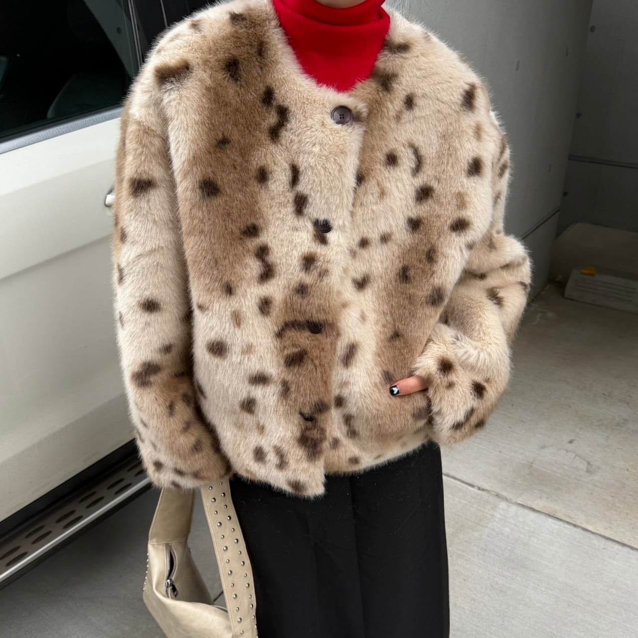レオパード フェイクファー ノーカラージャケット_LN03674