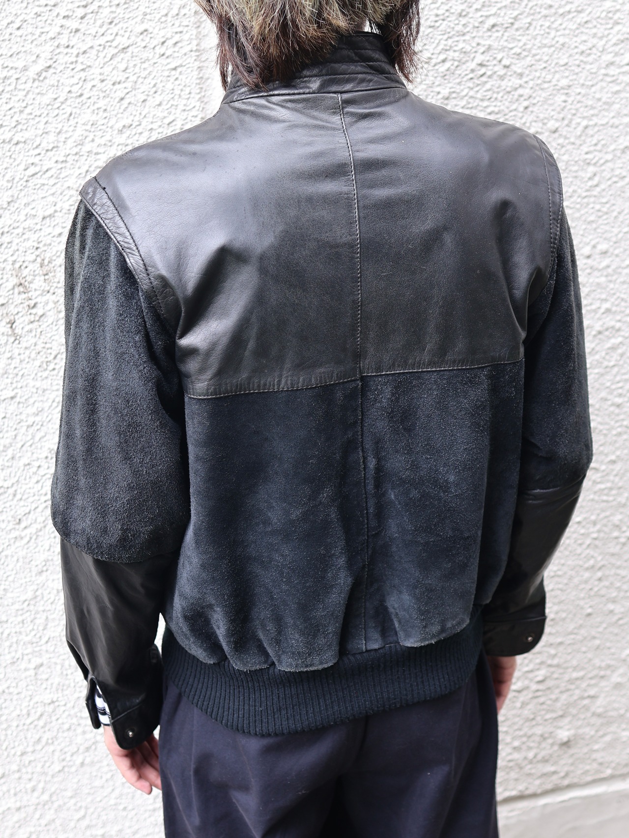 material switching leather blouson