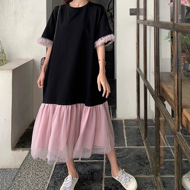 チュールスリーブバイカラー切り替えワンピース　N00384