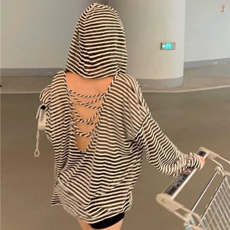 フードブラウス ストライプVネックTシャツ サマー薄手スタイルルーズバックトップス ロング 夏物 YY-ファッション51423690150