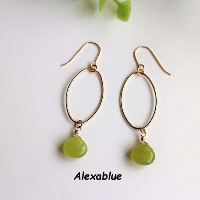 マロン オリーブグリーン ジェード フープピアス K14GFピアス 　olivegreen jade earrings