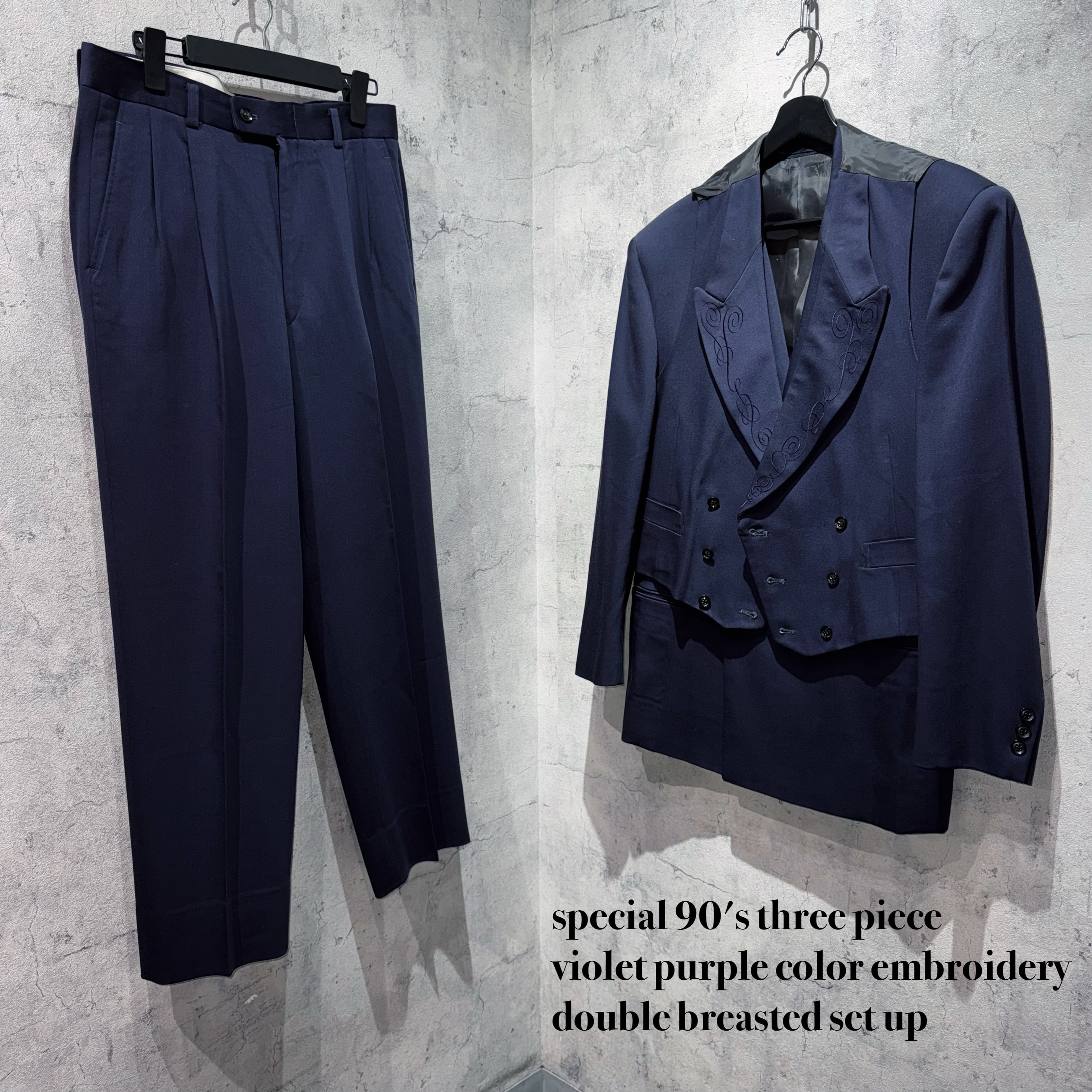 special 90's three piece violet purple color embroidery double breasted set up