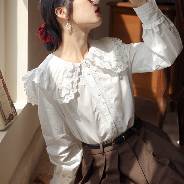 ダブルフリルカラー ロングスリーブブラウス 00468