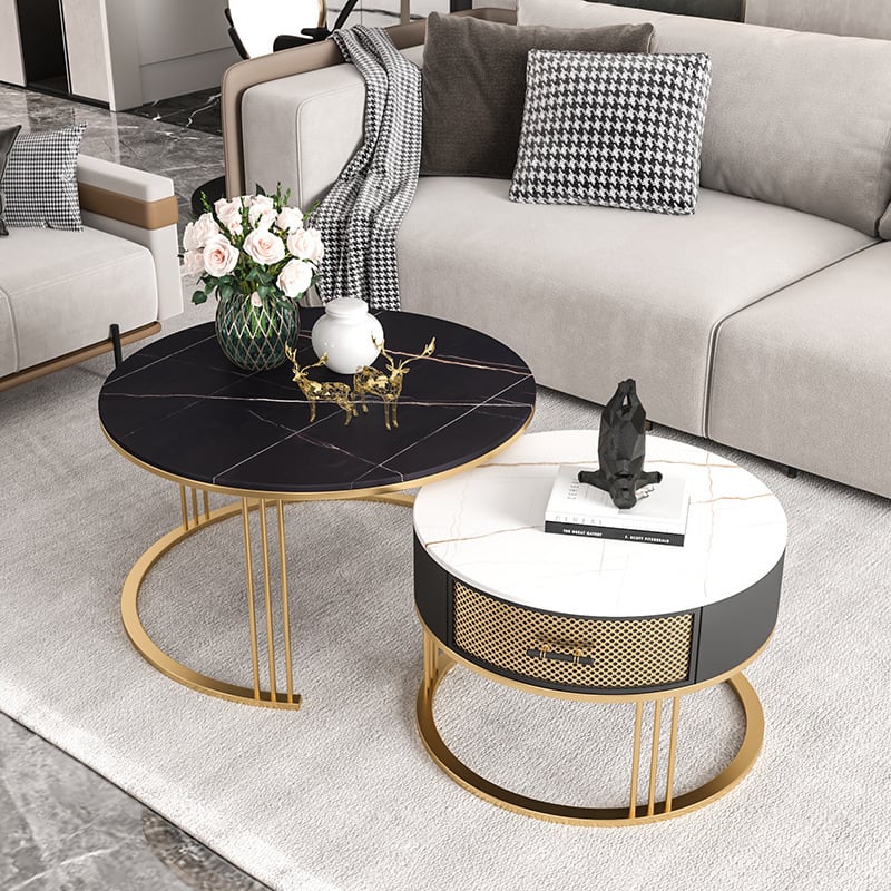 センターテーブル 2台セット エレガント 多機能 引き出し 付き おしゃれ かわいい インテリア 北欧 丸 サイドテーブル 収納 白 ホワイト 黒