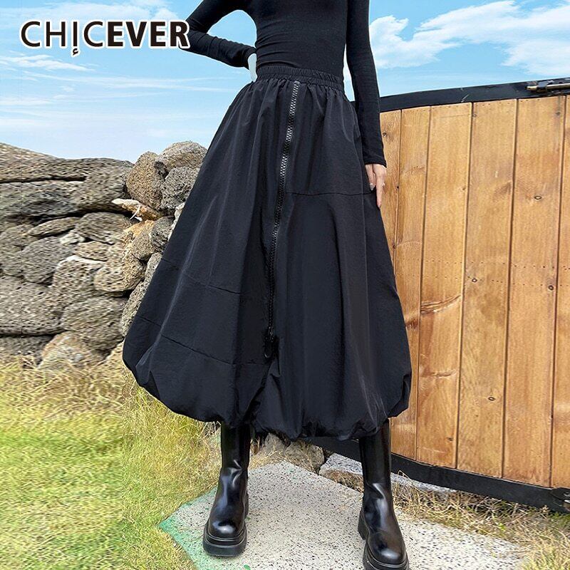 CHICEVERバッドスカートレディースウエストパッチワークジッパールーズオーバーサイズシャーリングブラックスカート2020秋 オータム 秋物 6base524289115939