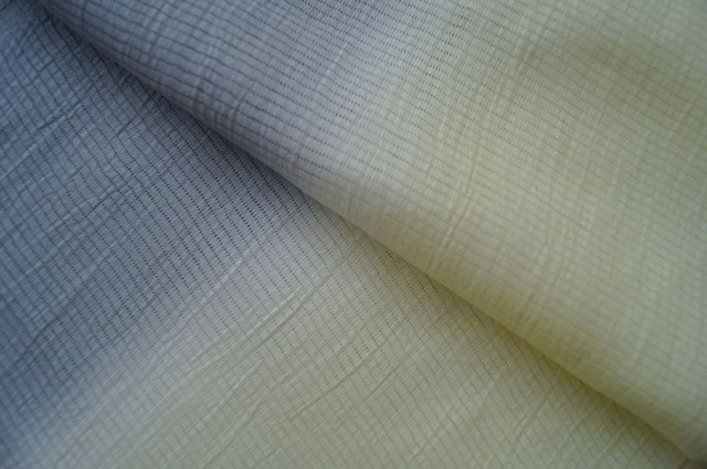 【帯揚げ】女郎花✕源氏鼠色　無地　手もみ風　二色暈かし　絽本麻　帯揚げ　No.250314-54