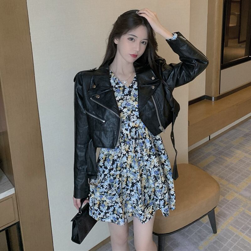 小さな男洋風フライドストリートツーピースカジュアルファッションスーツ女性2020年秋新しい花柄ドレスレザージャケット ドラファッションホール69254920230