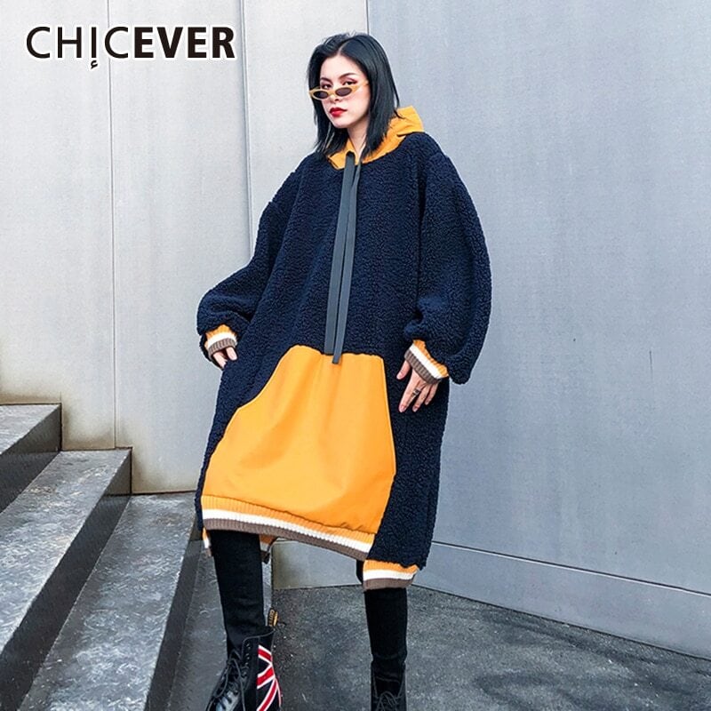 CHICEVER厚手のスウェットシャツ女性フード付き襟長袖パッチワークヒットカラー特大ストリートウェアスウェットシャツ2020 ロング 6base547266060555