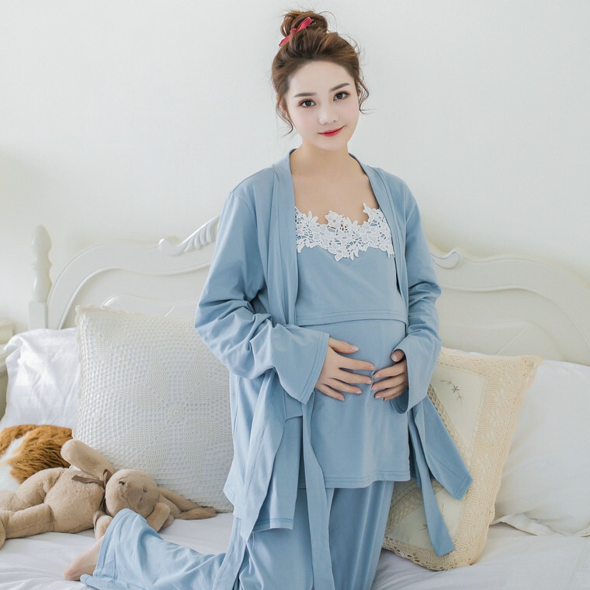 マタニティ ルームウェア パジャマ セット スリーピース 授乳口付き 産前産後 春 夏 秋 ゆったり大きいサイズ 可愛い キレイ 大人 レース ...